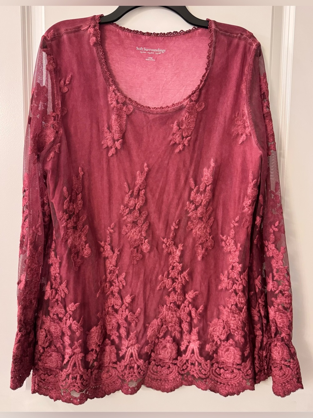 #z241 - Soft Surroundings Violetta Embroidered Mesh Layered Tunic Blouse Maroon